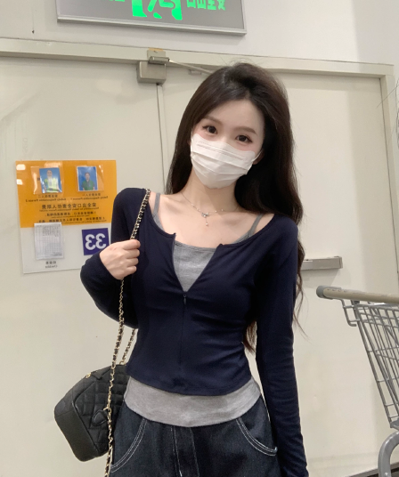블루 색상 하프 지퍼 디자인 센스 긴팔 티셔츠 맨위 여성 가을 순수한 욕망 몸매 가꾸기 캐미솔 투피스 슈트