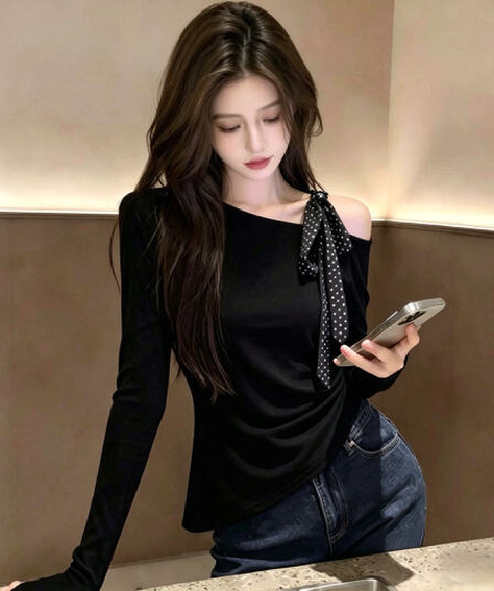 이른 봄 검정색 긴팔 순수한 욕망 바람 오프숄더 레이스업 허리 수축 슬림해 보이는 chic 다용도 티셔츠 디자인 센스 비스듬한 어깨 의류