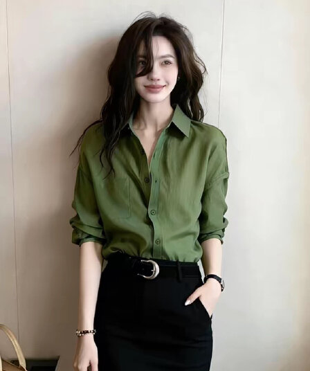 프랑스식 빛 요리 한 바람 녹색 폴로 칼라 긴팔 여성 셔츠 2026 가을 새로운 출퇴근 다용도 고급 품격 셔츠