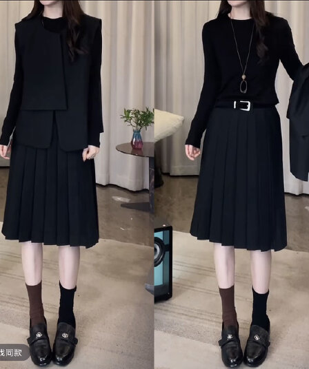 쌀 수 있습니다. mk-4412zj 라운드 넥 스트라이프 베스트 블랙 t+ 반신 치마 세트 패션 가을 새로운 3종 세트