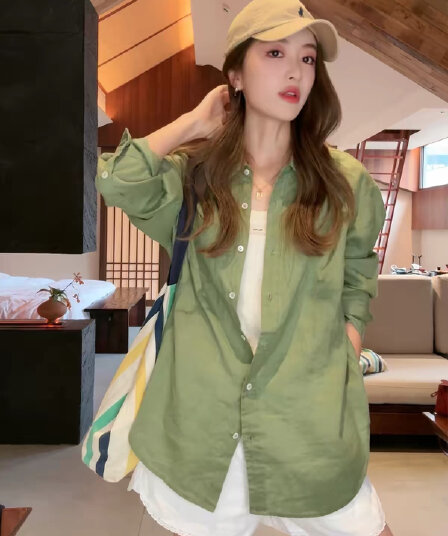 올리브 태도 아마 오래된 돈 바람 느슨함 긴팔 셔츠 여성 밝은 녹색 2026 년 새로운