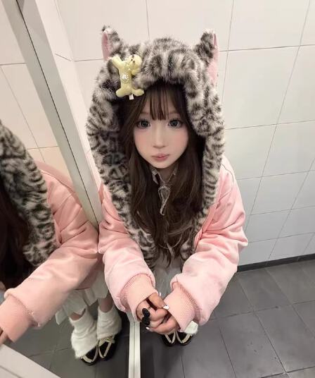 토끼 귀 귀여운 핑크색 좌 산 조각 면 옷 면 의류 보온 가을 겨울 두꺼움 스웨이드 털이 있는 레오파드 무늬 후드 목화 진딧물 재킷