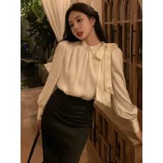 批发蝴蝶结白色<b class='q'>衬衫</b>女春秋设计感小众法式<b class='q'>职业</b>醋酸缎面<b class='q'>衬衣</b>小个子上衣