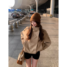 批发卡其色双排扣立领短款风衣外套女秋冬季高级感小个子宽松<b class='q'>休闲</b>大衣