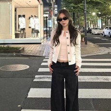 批发白色明线撞色小香风牛仔短外套女秋装韩系高级感气质夹克开衫上衣