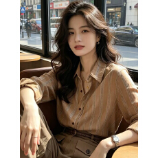批发法式老钱风设计感条纹长袖衬衫上衣女早秋季高腰修身显瘦衬衣外套