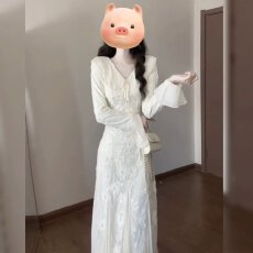 批发许知意法式v领蕾丝长袖连衣裙女秋季修身气质鱼尾裙长裙年会礼服