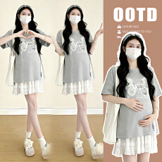 实拍孕妇夏装木耳边开叉甜美蝴蝶亮片设计感短袖t恤上衣薄款