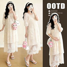 批发实拍孕妇法式大码长款蕾丝衬衫连衣裙2026新款刺绣钩花灯笼袖长裙