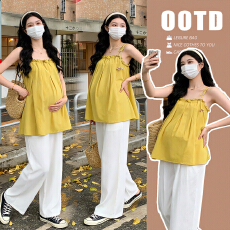 批发实拍孕妇2026夏季新款韩系甜美少女感花朵吊带压褶上衣