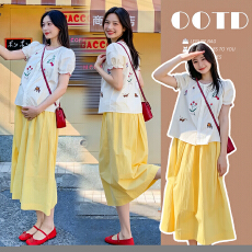 批发<b class='q'>实拍</b><b class='q'>孕妇</b><b class='q'>法式</b>气质休闲夏季刺绣花卉泡泡短袖衬衫中长伞裙两件套