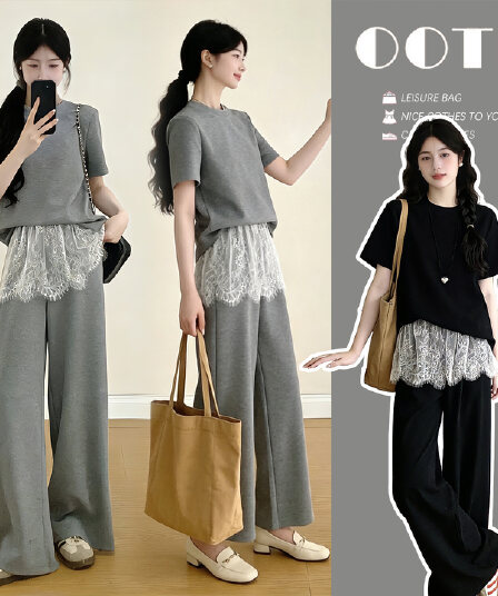 실사 임산부 ootd 착용 가져 가라. 전체 집합 자이언트 잘 생긴 캐주얼 맨위 방귀 커튼 와이드 레그 팬츠 슈퍼 화재 패션 투피스 세트