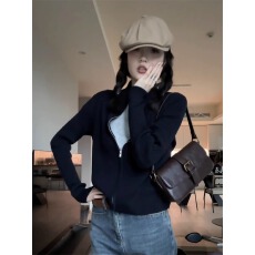 批发美式复古黑色拉链针织开衫毛衣<b class='q'>外套</b>早秋冬<b class='q'>修身</b>短款长袖上衣女装