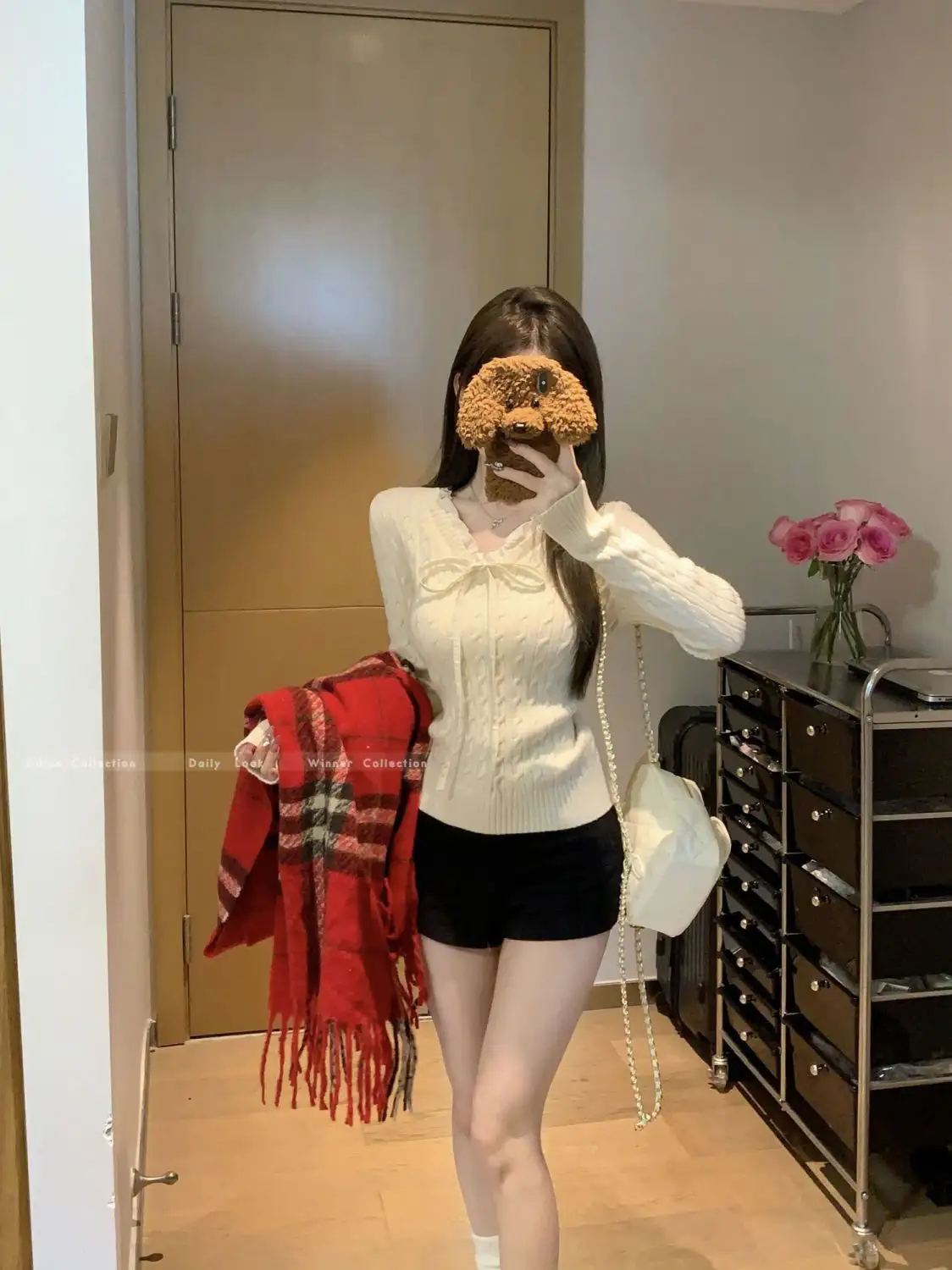 한국인기 꽈배기 V넥 프릴 니트 상세 이미지 6