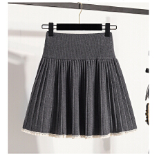 批发学院风<b class='q'>蕾丝</b>花边拼接半身裙女秋冬新款高腰百褶针织A字<b class='q'>短裙</b>