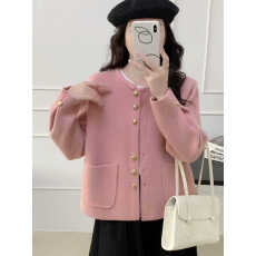 批发小香风粉色毛呢外套女<b class='q'>短款</b>金属扣小个子洋气韩式风上衣<b class='q'>针织</b><b class='q'>开衫</b>