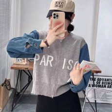 批发<b class='q'>韩版</b>字母双头拉链短款针织开衫百搭牛仔拼接袖子拼色撞色保暖<b class='q'>毛衣</b>