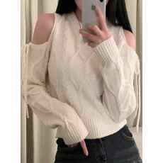 批发韩国chic冬季复古洋气圆领<b class='q'>镂空</b>露肩绑带设计宽松百搭长袖针织毛衣