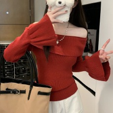 批发辣妹<b class='q'>一字肩</b>喇叭袖针织衫女春秋高级感纯欲修身内搭打底衫短款<b class='q'>上衣</b>