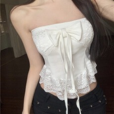 批发蝴蝶结吊带挂脖小背心女<b class='q'>夏</b>季蕾丝拼接抹胸内搭热辣妹外穿上衣