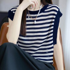 条纹冰丝针织正肩短袖T恤女夏大码胖mm遮肚显瘦高级感小飞袖上衣