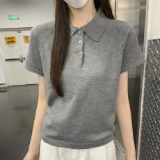 批发冰丝翻领针织<b class='q'>薄款</b>短袖polo衫t恤女装夏季小个子修身短款上衣