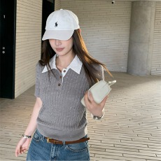 批发2026年新款春夏复古POLO领麻花短袖冰丝爽<b class='q'>针织衫</b>老钱正肩修身上衣