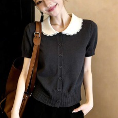 批发<b class='q'>蕾丝</b>花边娃娃领冰丝针织衫女夏季小个子甜美洋气减龄正肩短袖上衣