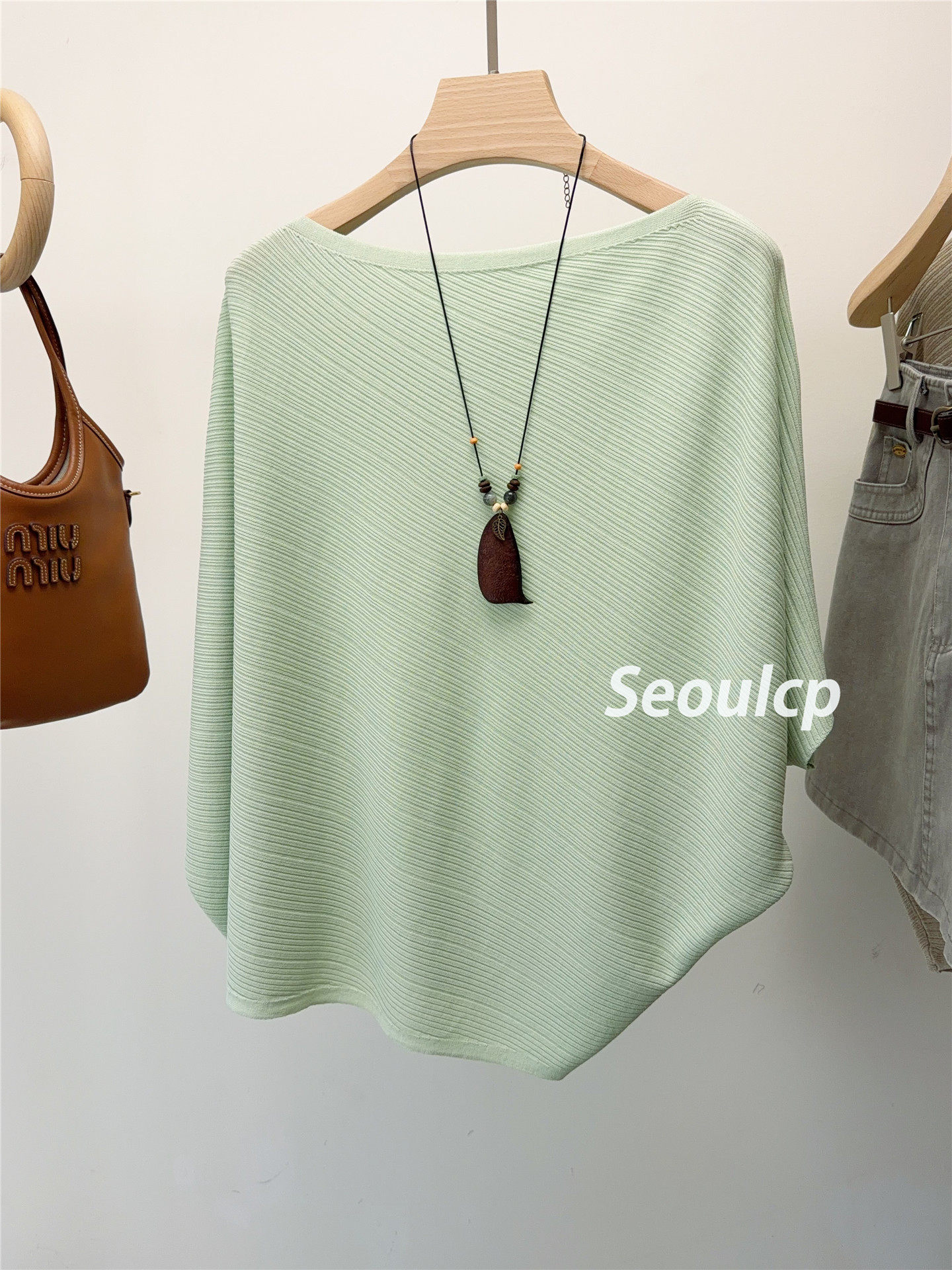 익스트림 제인 바람 배트윙 소매 보트넥 니트 스웨터 여성 박하 녹색 루즈핏 다용도 슬림해 보이는 얼음 실크 맨위