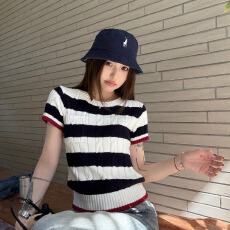 批发撞色条纹贴袋<b class='q'>圆领</b>短袖<b class='q'>针织</b>衫女春季休闲风修身显瘦套头上衣