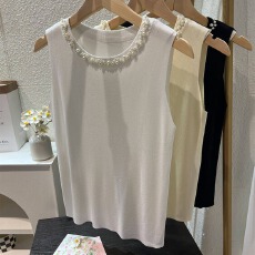 批发白色吊带背心女2026新款夏修身薄款冰丝针织钉珠装饰圆领无袖上衣