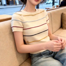 批发韩系甜美学院风杏色圆领<b class='q'>条纹</b>短袖针织衫女春夏季穿搭内搭打底上衣