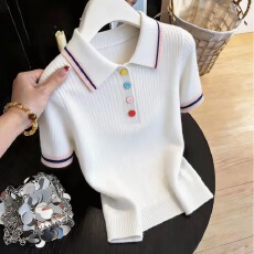 批发2026夏季新款韩系POLO领彩色扣子短袖<b class='q'>T</b><b class='q'>恤</b>女 遮肉显瘦气质百搭上衣