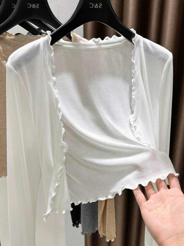 자외선 차단 얇은 스타일 오픈 가디건 여성 외부 가져 가라. V넥 프릴 쇼트 스타일 블라우스 작은 숄 여름 경기 슬립 치마 재킷