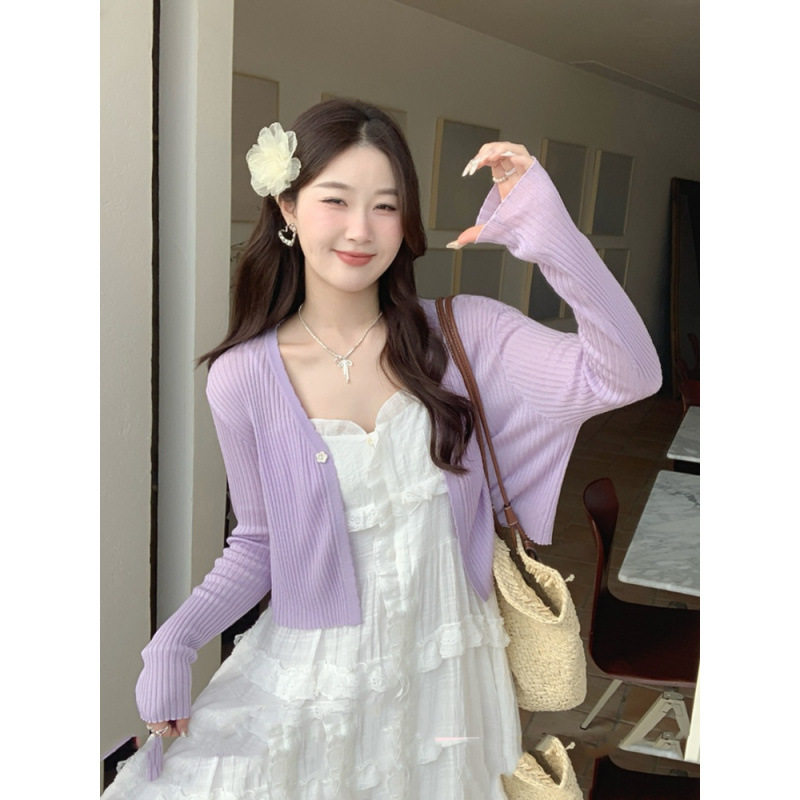 오픈 가디건 경기 슬립 드레스 여성 얇은 스타일 자외선 차단 작은 블라우스 2026 여름 보라색 쇼트 스타일 니트 재킷