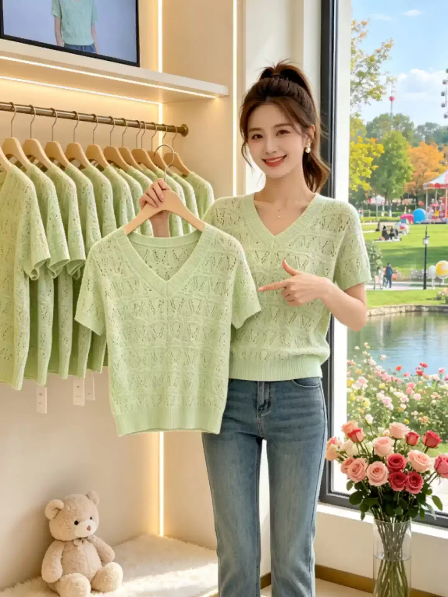 디자인 센스 녹색 홀로우 아웃 V넥 반팔 티셔츠 여성 여름 새로운 외국 가스 연령 감소 다용도 슈퍼 잘 생긴 니트 맨위