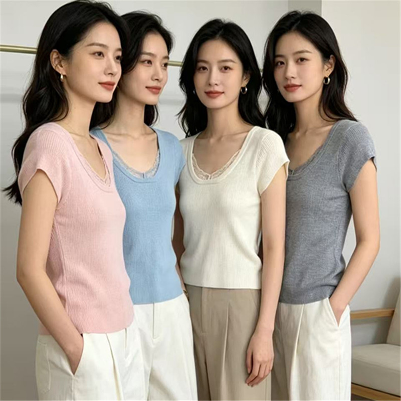 여름 새로운 고급 센스 레이스 조각 V넥 반팔 티셔츠 여성 화이트 몸매 가꾸기 슬림해 보이는 품격 켜기