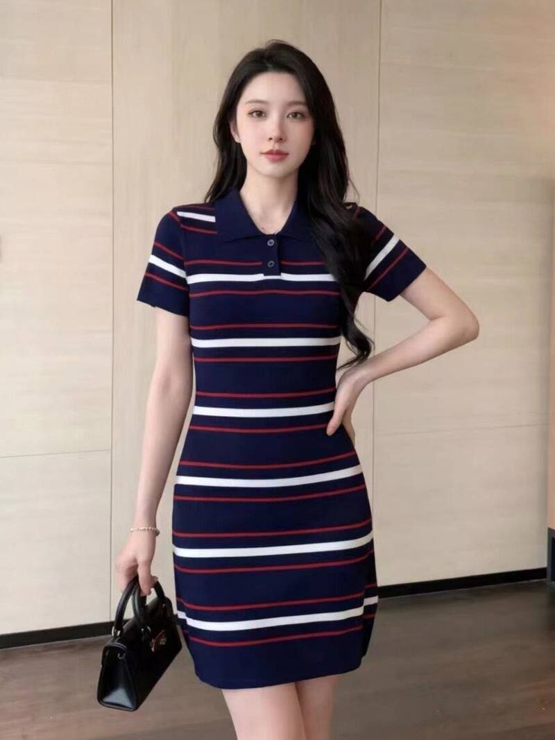 한 부서 chic 스트라이프 배색 고대 복장 타이트 스커트 여성 여름 새로운 허리 수축 POLO 칼라 고급 센스 품격 드레스