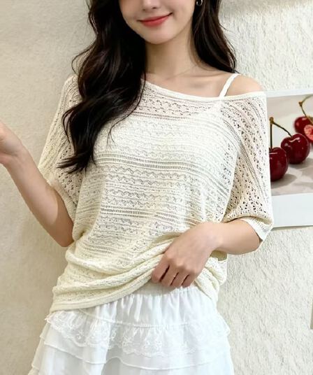 순수한 욕망 바람 비스듬한 어깨 불규칙 새로운 니트 반팔 여성 여름 신선함 루즈핏 블라우스 디자인 센스 맨위