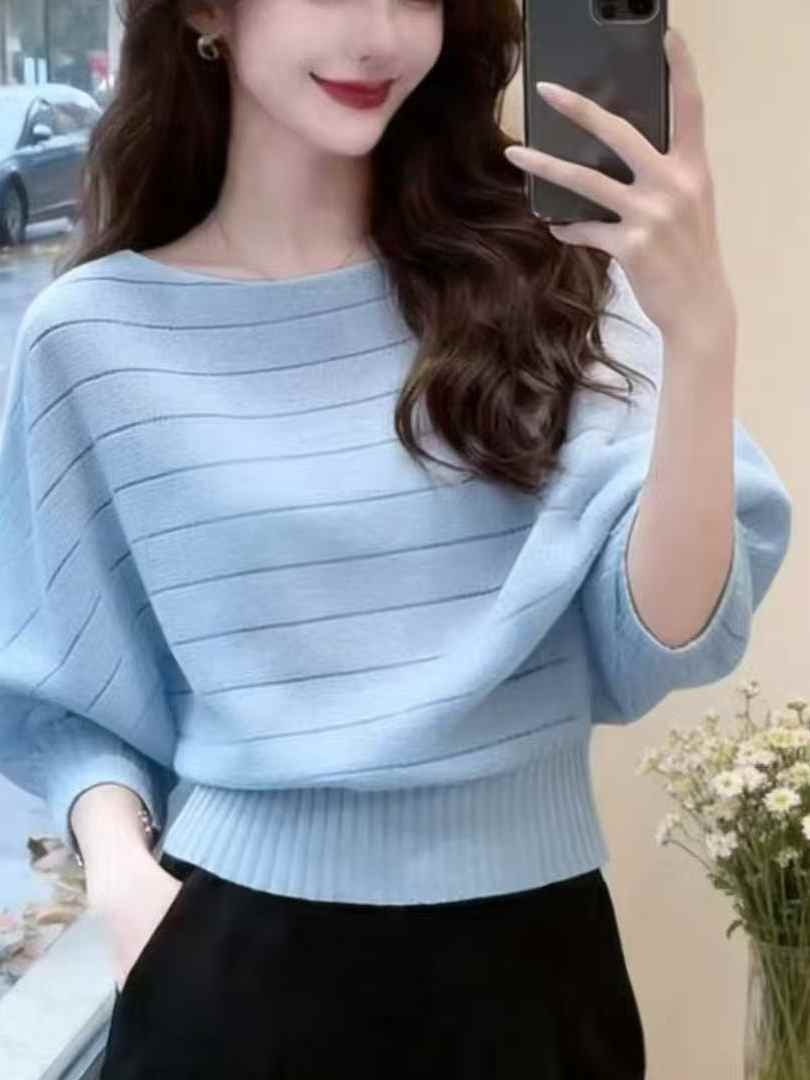 프랑스식 비스듬한 어깨 디자인 센스 조개 곡물 배트윙 소매 니트 스웨터 여성 루즈핏 느긋한 바람 맨위 트렌디