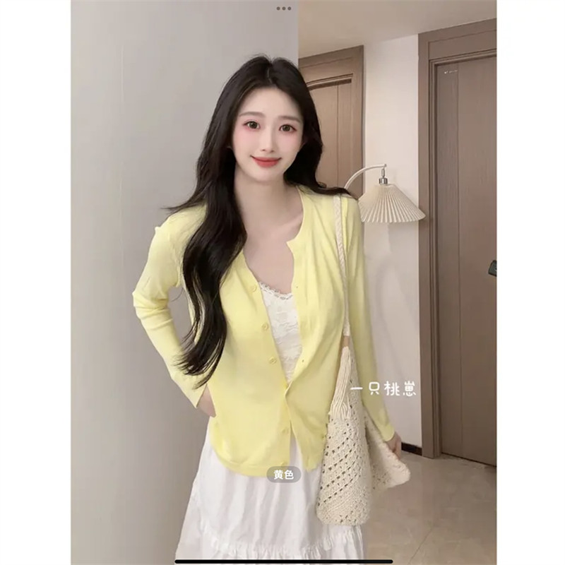 신선함 닦아내 라. 차 박하 남자 웨이브 녹색 니트 오픈 가디건 여성 봄 긴팔 자외선 차단 블라우스 몸매 가꾸기 얇은 스타일 맨위