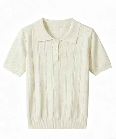레트로 POLO 칼라 얼음 실크 홀로우 아웃 니트 반팔 티셔츠 여성 봄 여름 얇은 스타일 몸매 가꾸기 다용도 긍정적 인 어깨 작은 셔츠 맨위