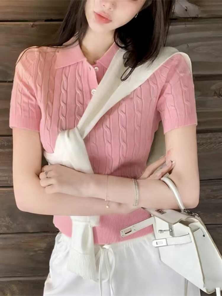 POLO 칼라 마 무늬 니트 반팔 부드럽다 스웨터 여름 자수 트위스트 꽃 티셔츠 느슨함 연령 감소 슬림해 보이는 맨위
