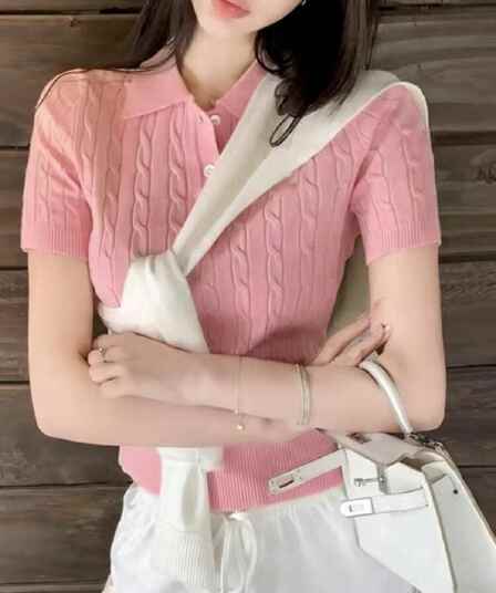 POLO 칼라 마 무늬 니트 반팔 부드럽다 스웨터 여름 자수 트위스트 꽃 티셔츠 느슨함 연령 감소 슬림해 보이는 맨위