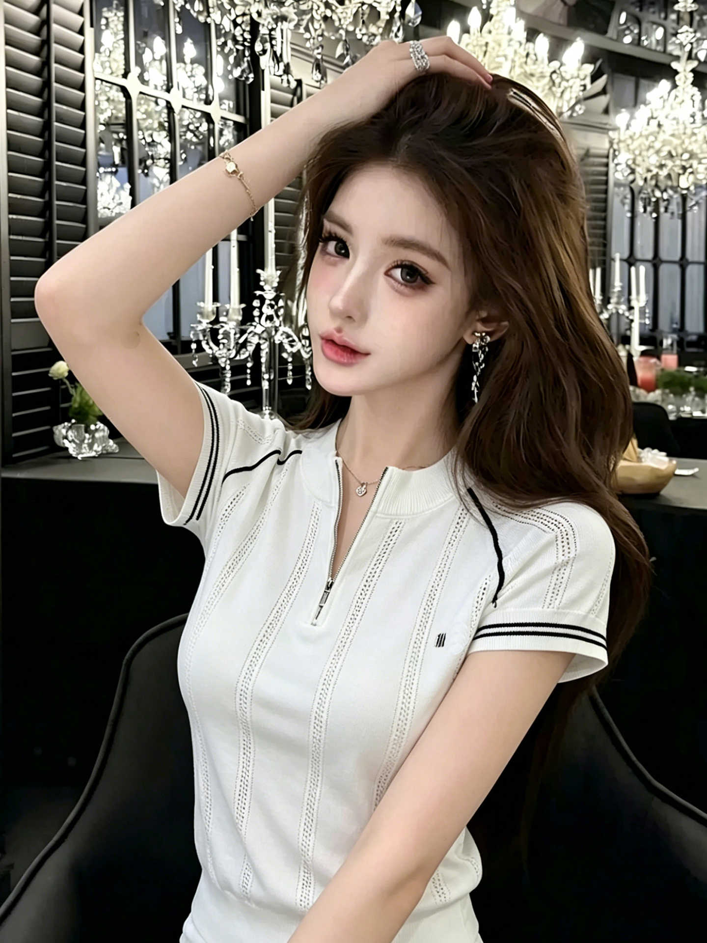 레트로 POLO 칼라 니트 반팔 티셔츠 여성 여름 몸매 가꾸기 슬림해 보이는 지퍼 배색 맨위