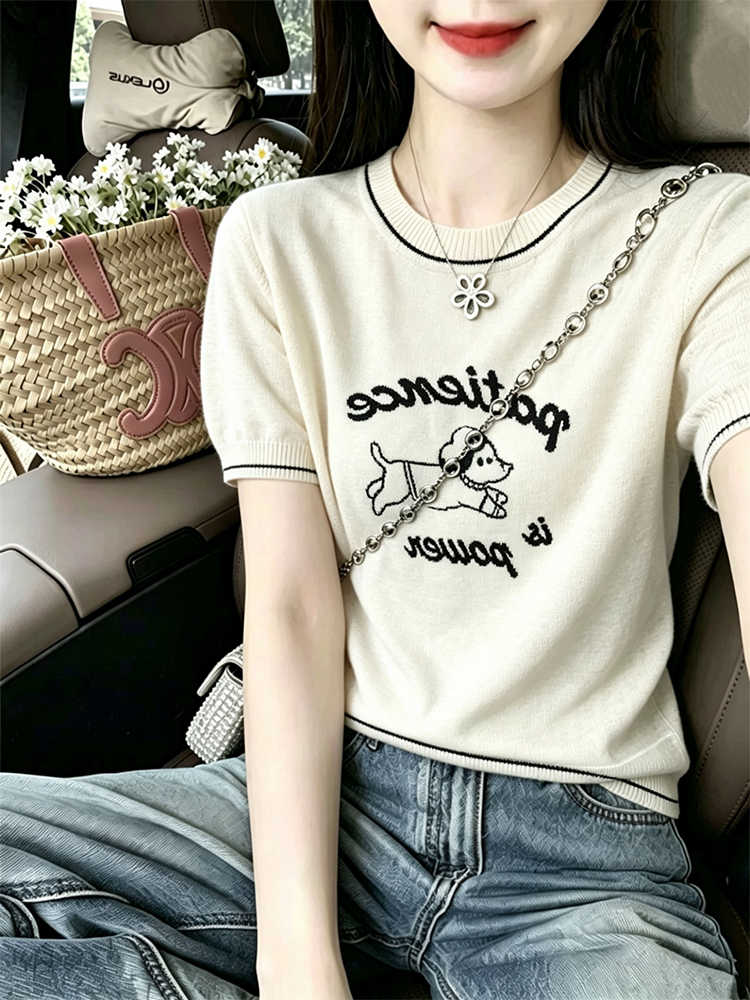 한 부서 귀여운 강아지 알파벳 자수 니트 반팔 티셔츠 여성 여름 연령 감소 작은 키 몸매 가꾸기 슬림해 보이는 맨위