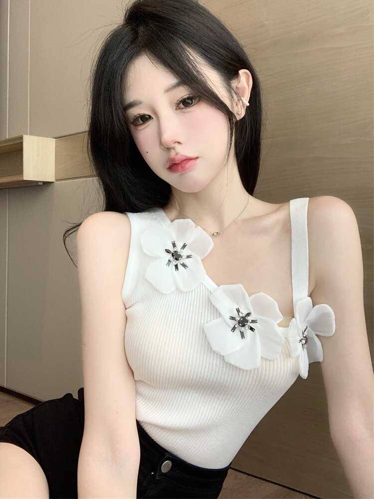 섹시함 작은 심장 기계 슬림해 보이는 캐미솔 패션 불규칙 기본 셔츠 레트로 3 차원 꽃 오프숄더 맨위