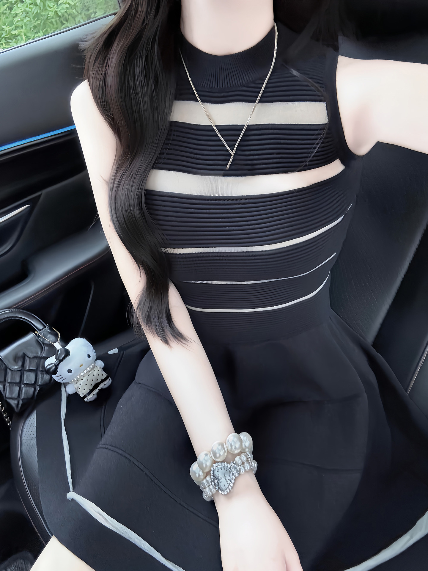 한 부서 레트로 그는 벤 바람 검정색 망사 홀로우 아웃 민소매 드레스 디자인 센스 꼬집기 허리 한 마디 작은 치마