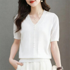 批发冰丝<b class='q'>针织衫</b>正肩短袖t恤女装夏季新款纯色<b class='q'>妈妈</b>高端V领天丝上衣薄款
