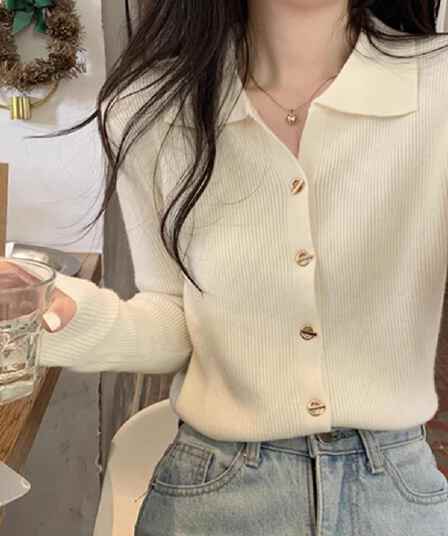 POLO 칼라 니트 오픈 가디건 여성 가을 겨울 새로운 인사이드 가져 가라. 기본 셔츠 부드러운 찹쌀 스웨터 몸매 가꾸기 맨위 재킷 봄